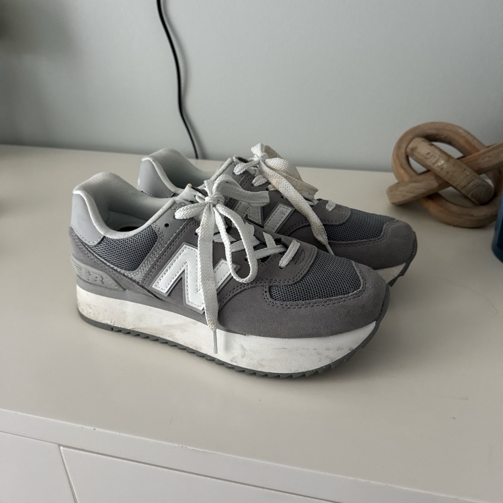 New Balance Gray and White Platform Sneakers